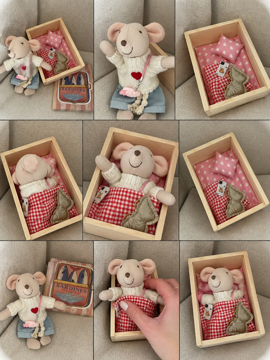 Mouse in a Sardine House - Adorable collectable in a Wooden Box in a Sardine box. One of a kind.