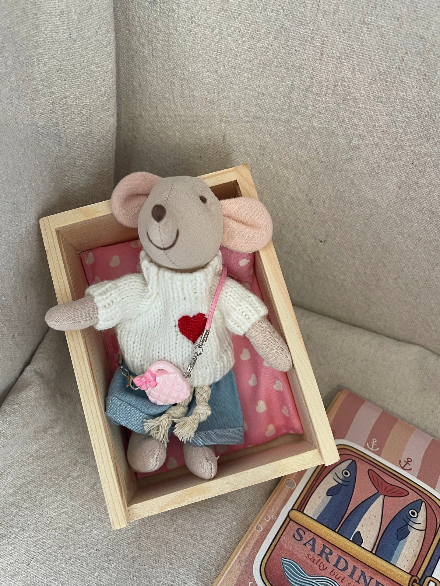 Mouse in a Sardine House - Adorable collectable in a Wooden Box in a Sardine box. One of a kind.