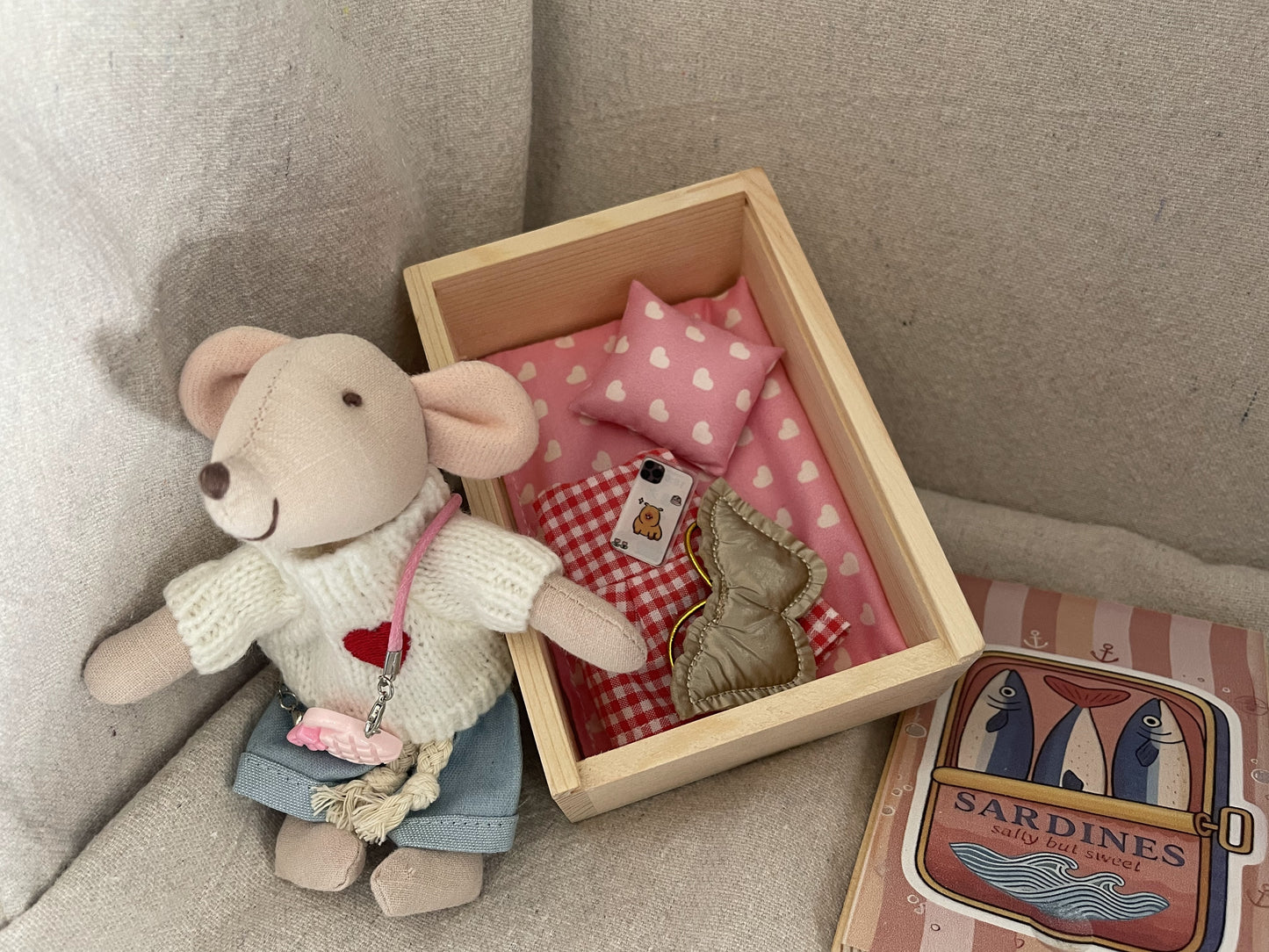 Mouse in a Sardine House - Adorable collectable in a Wooden Box in a Sardine box. One of a kind.