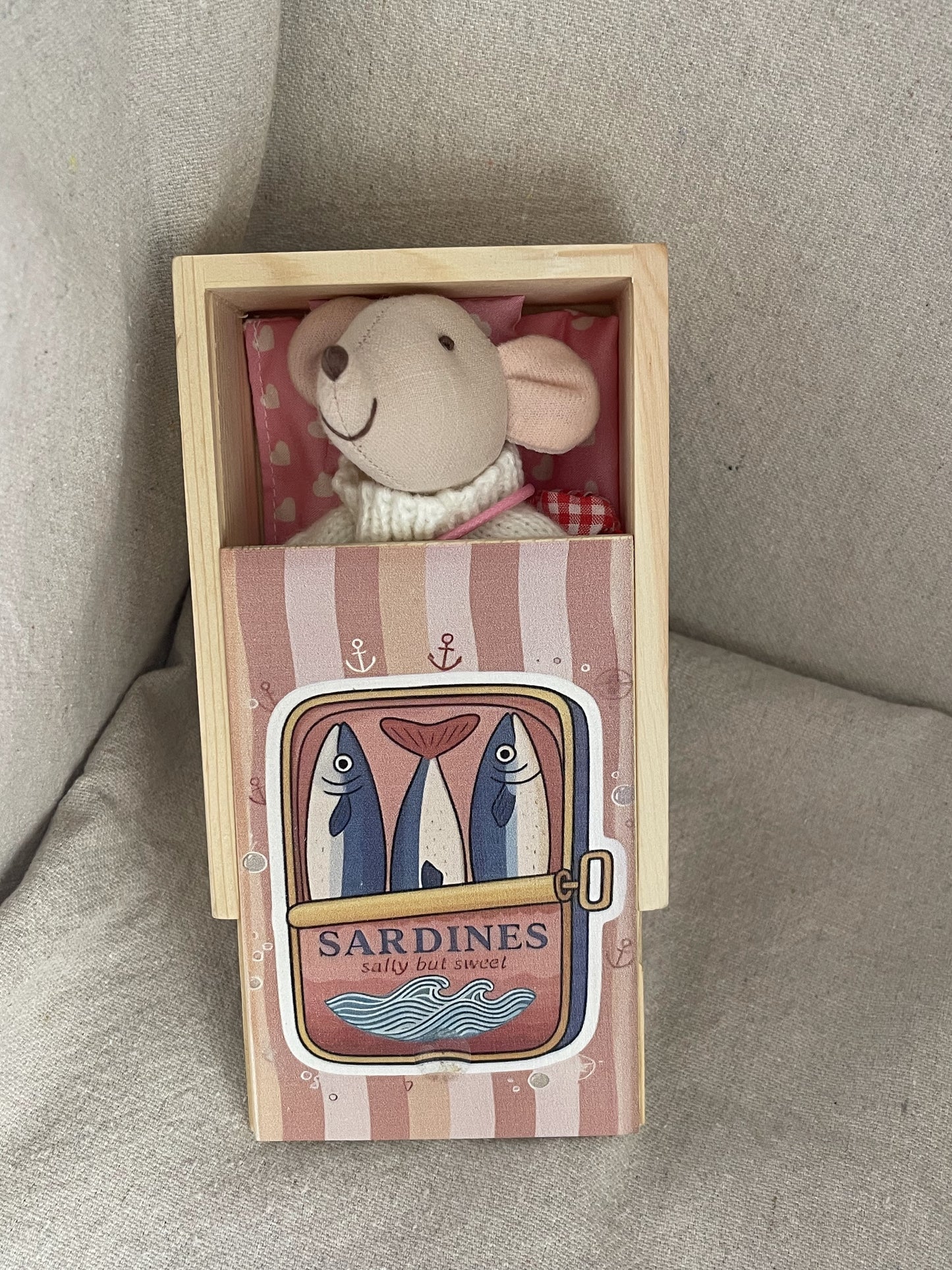 Mouse in a Sardine House - Adorable collectable in a Wooden Box in a Sardine box. One of a kind.