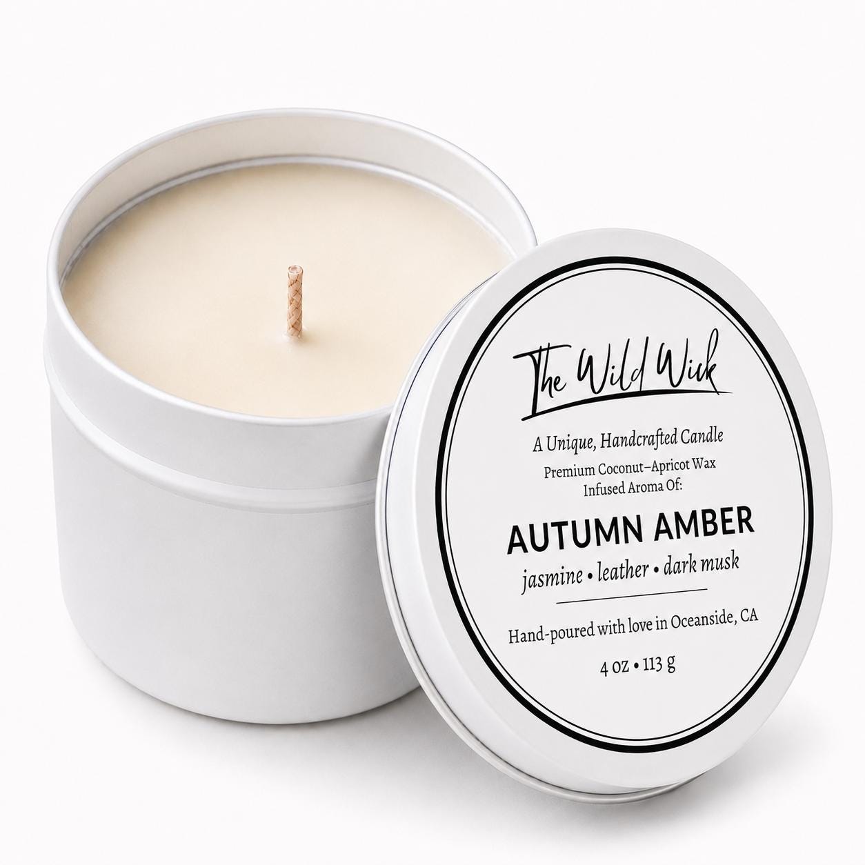 Autumn Amber Luxury Candle | Coconut Apricot Wax | Warm Amber | Simple Clean white 4oz Tin |