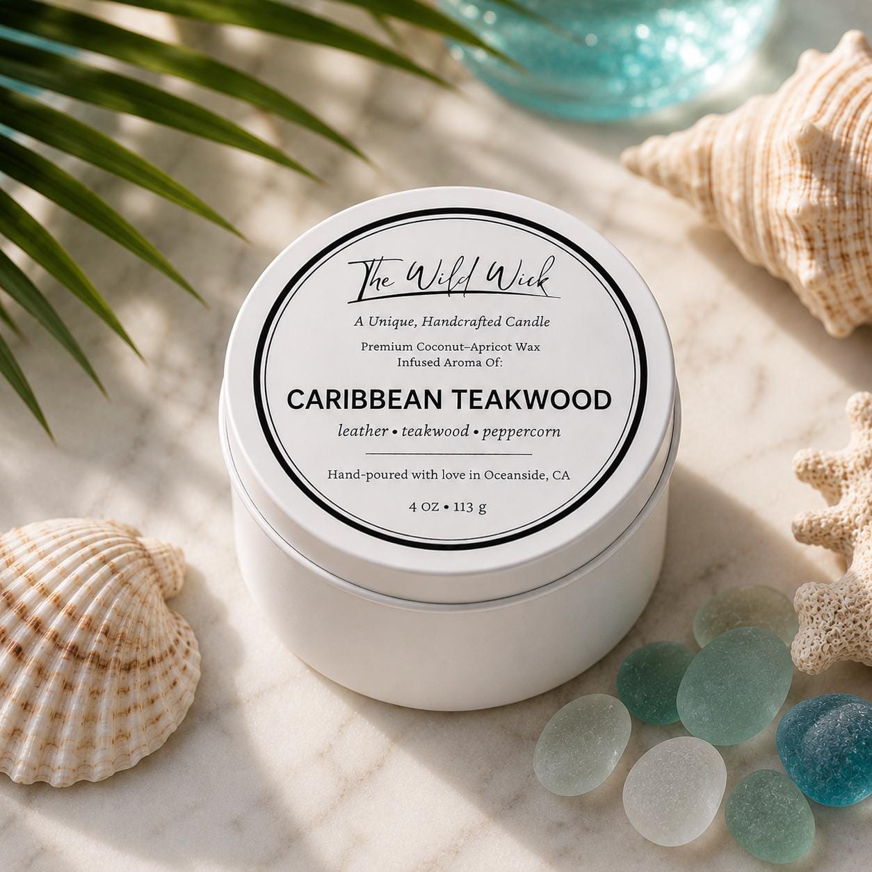 Caribbean Teakwood Luxury Candle | Coconut Apricot Wax | Masculine Coastal | Simple Clean white 4oz Tin |