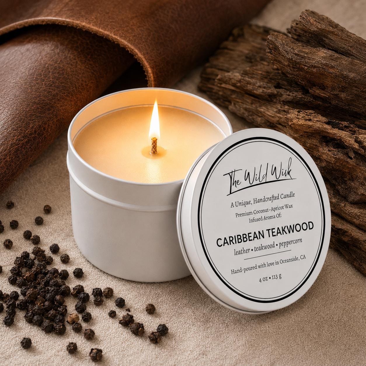 Caribbean Teakwood Luxury Candle | Coconut Apricot Wax | Masculine Coastal | Simple Clean white 4oz Tin |
