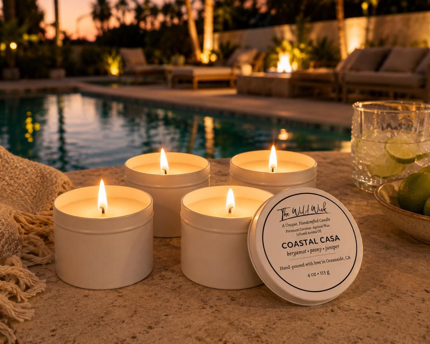 Coastal Casa Luxury Candle | Coconut Apricot Wax | Warm Coastal Moss | Simple Clean white 4oz Tin |