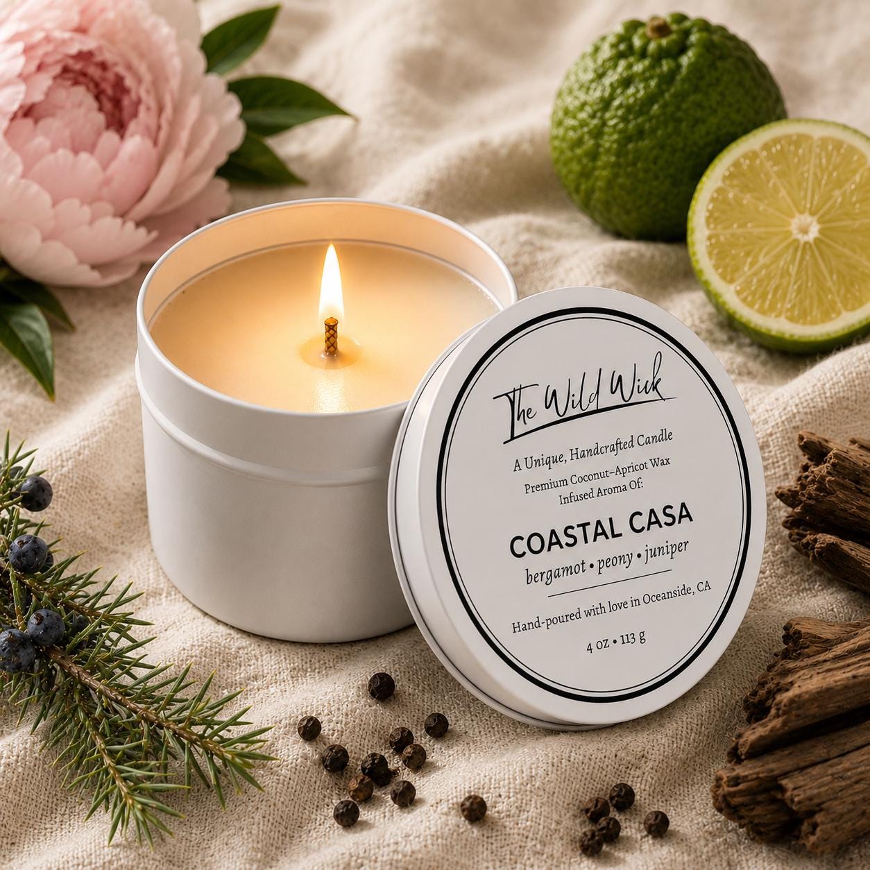 Coastal Casa Luxury Candle | Coconut Apricot Wax | Warm Coastal Moss | Simple Clean white 4oz Tin |