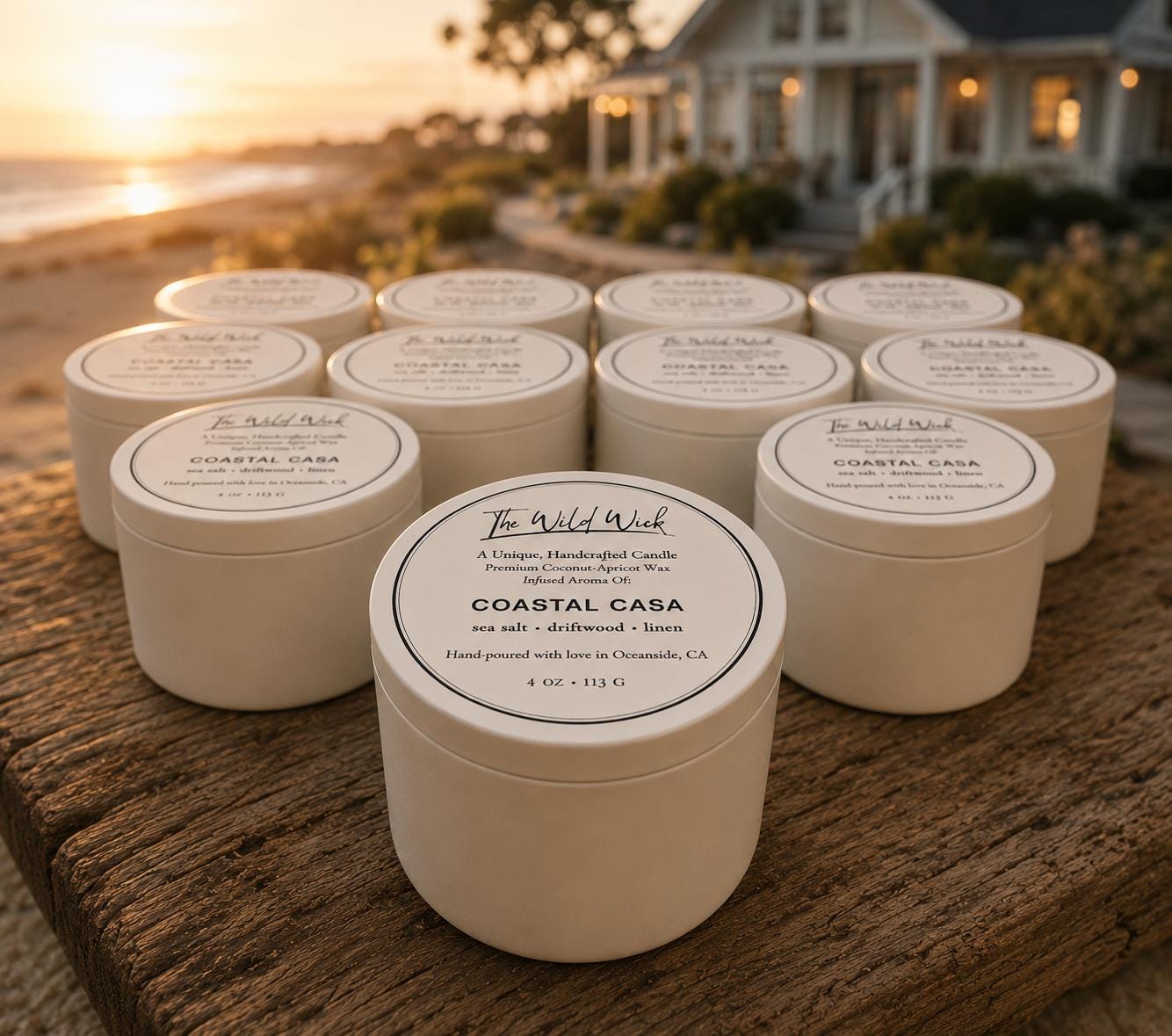 Coastal Casa Luxury Candle | Coconut Apricot Wax | Warm Coastal Moss | Simple Clean white 4oz Tin |