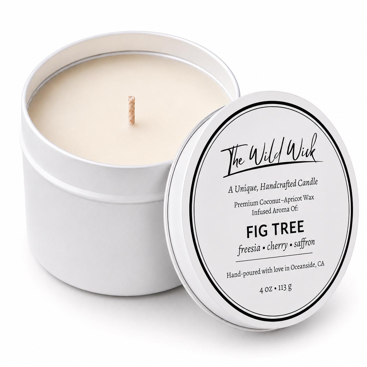 Fig Tree Luxury Candle | Coconut Apricot Wax | Masculine Fruit | Simple Clean white 4oz Tin |