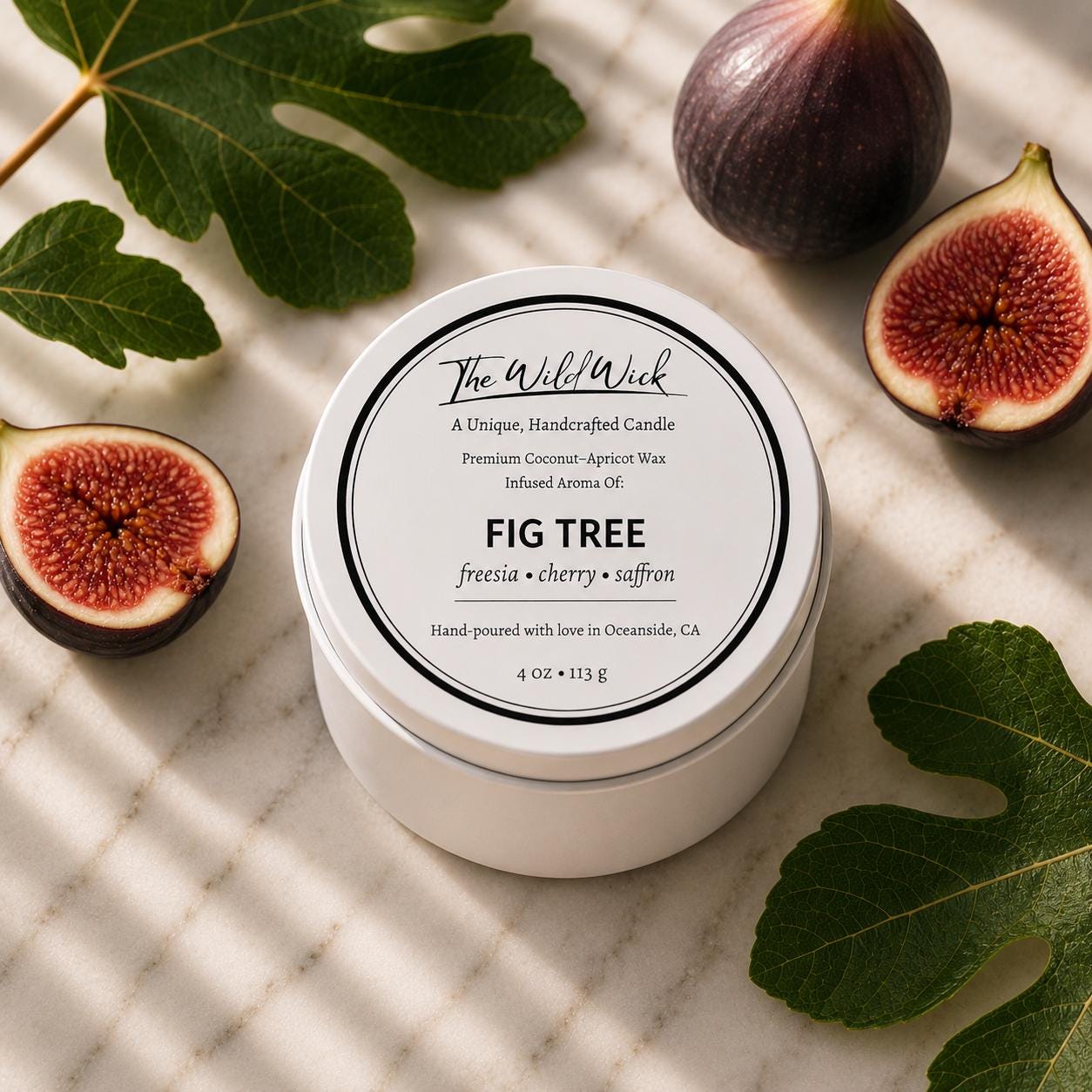Fig Tree Luxury Candle | Coconut Apricot Wax | Masculine Fruit | Simple Clean white 4oz Tin |