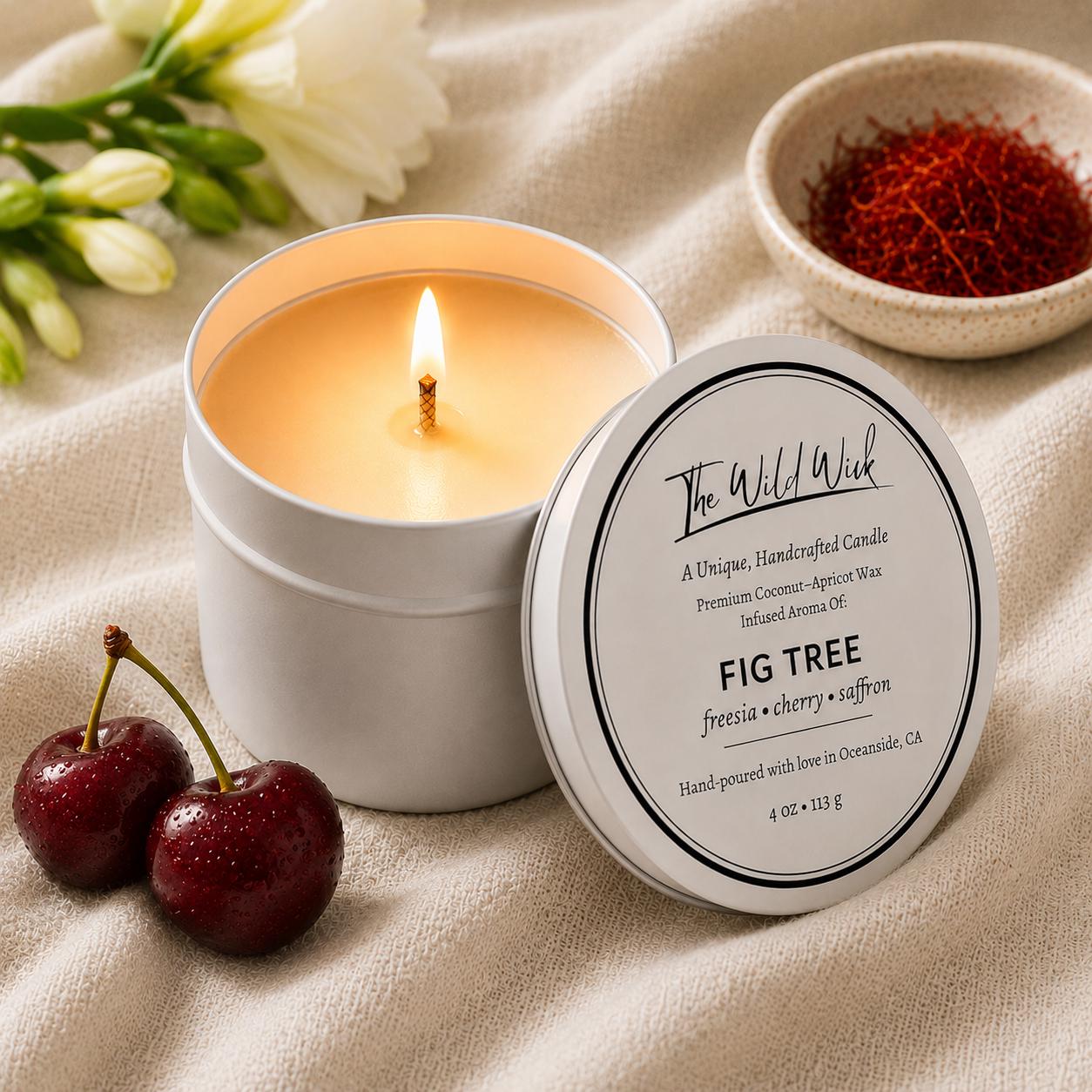 Fig Tree Luxury Candle | Coconut Apricot Wax | Masculine Fruit | Simple Clean white 4oz Tin |