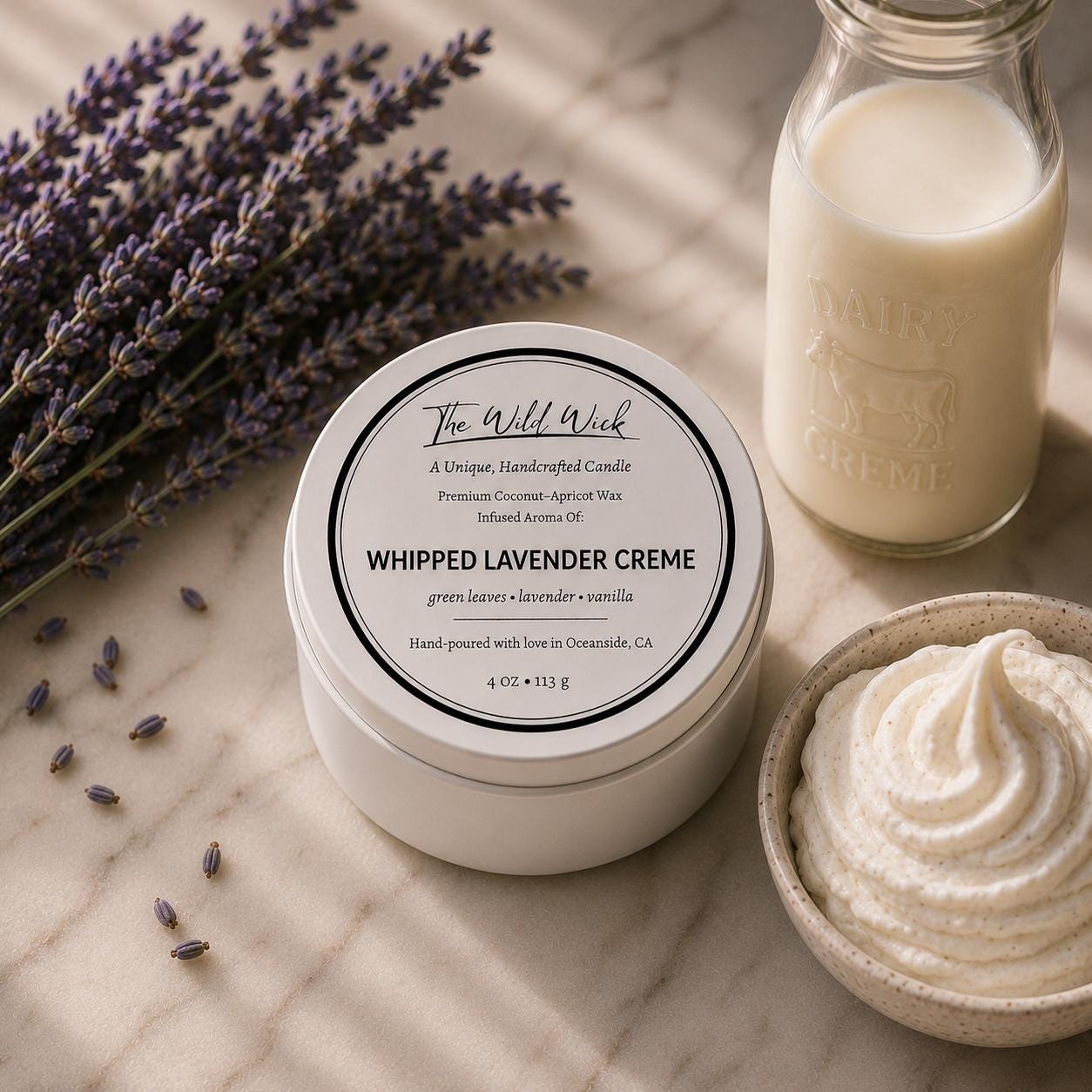 Whipped lavender Creme Luxury Candle | Coconut Apricot Wax | Sweet Spa Refresh | Simple Clean white 4oz Tin |