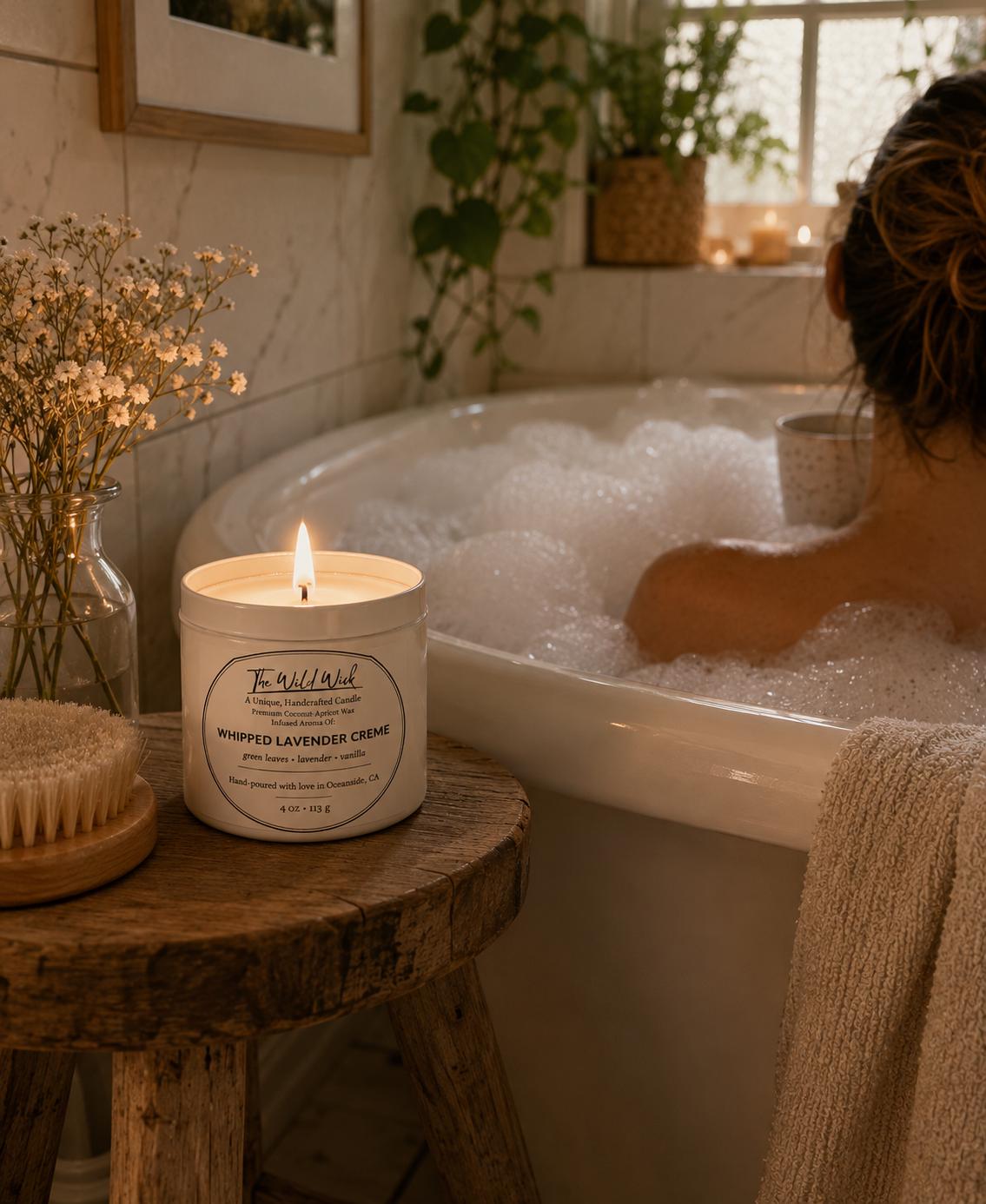 Whipped lavender Creme Luxury Candle | Coconut Apricot Wax | Sweet Spa Refresh | Simple Clean white 4oz Tin |