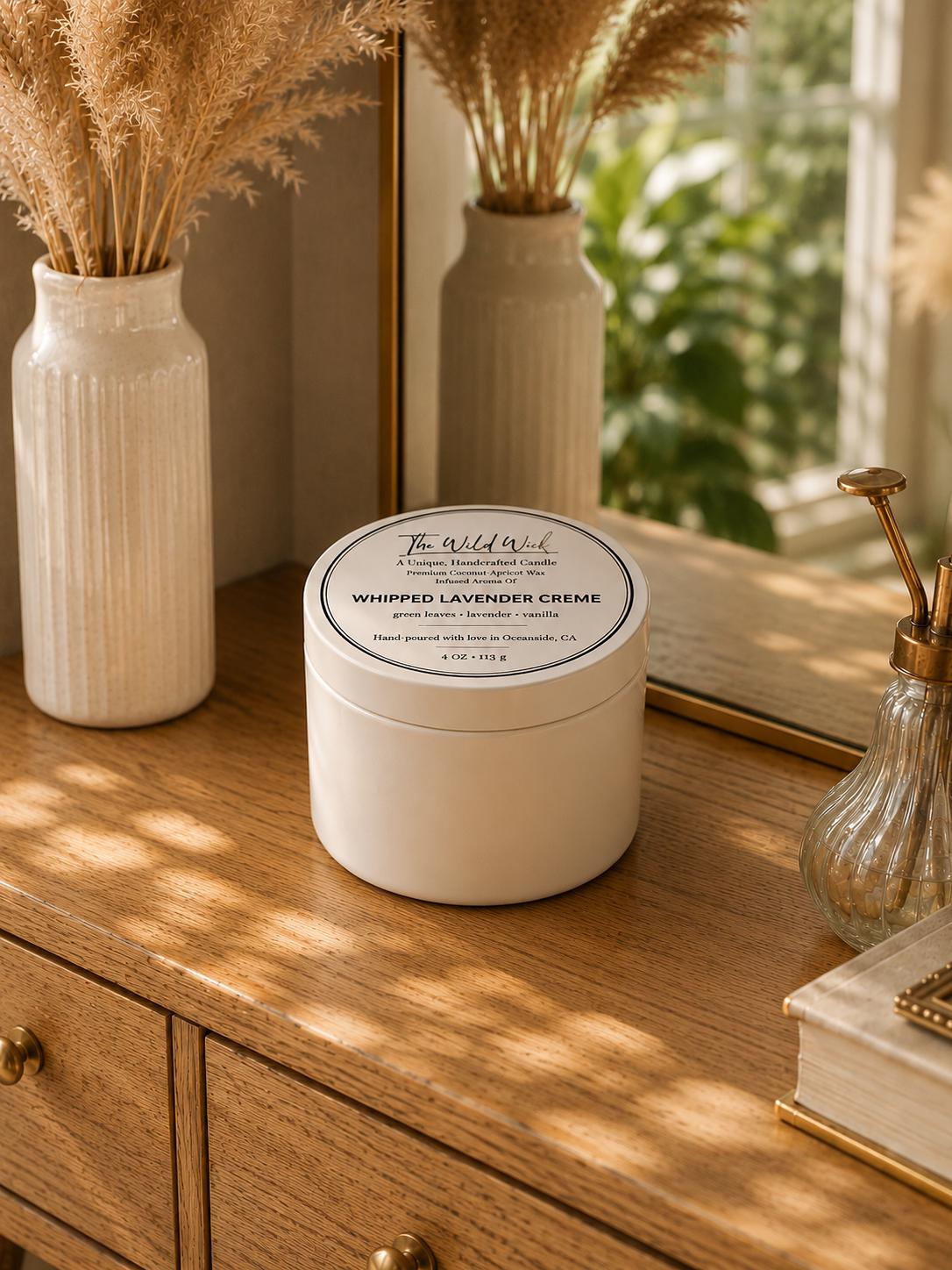 Whipped lavender Creme Luxury Candle | Coconut Apricot Wax | Sweet Spa Refresh | Simple Clean white 4oz Tin |