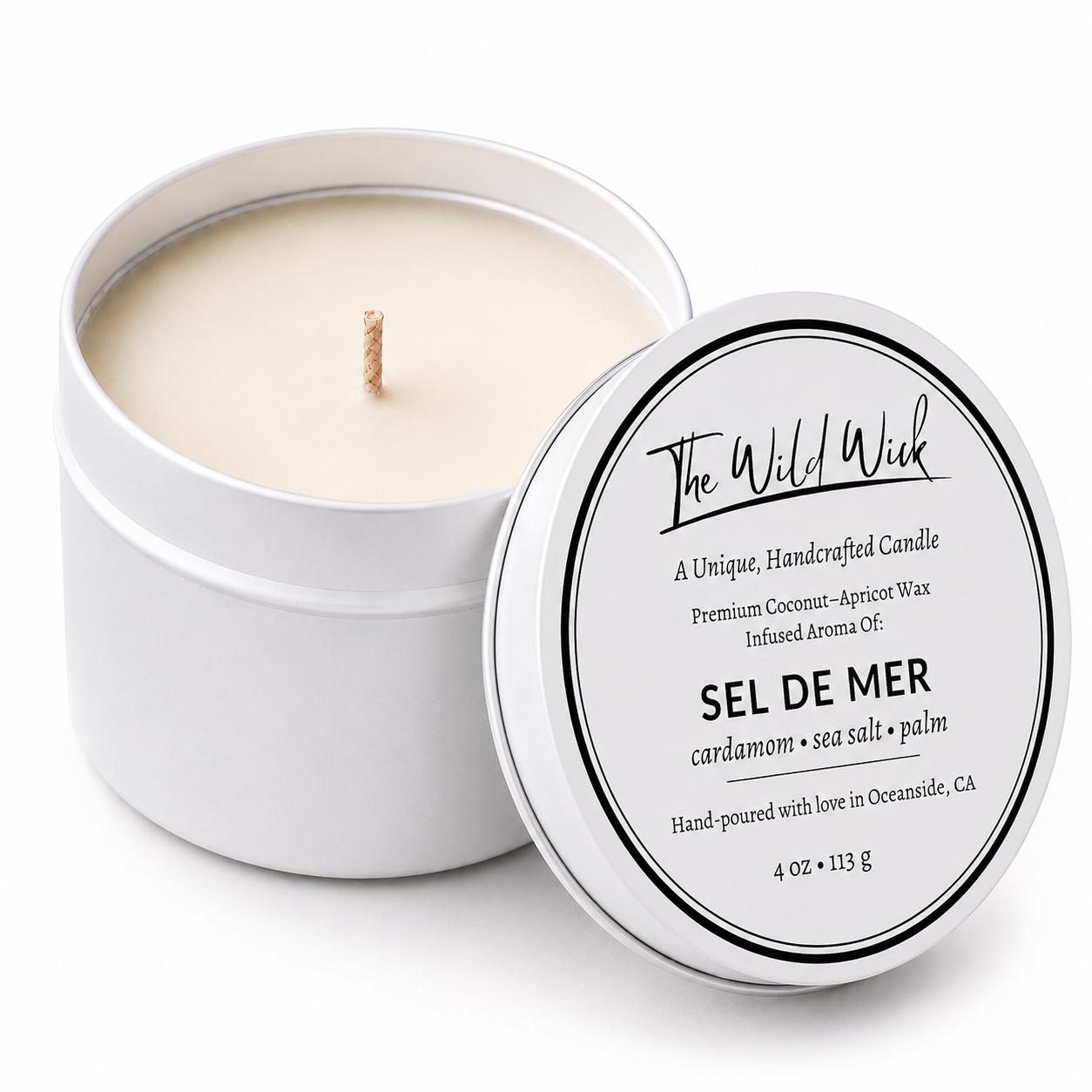 Sel De Mer Luxury Candle | Coconut Apricot Wax | Masculine Beach | Simple Clean white 4oz Tin |