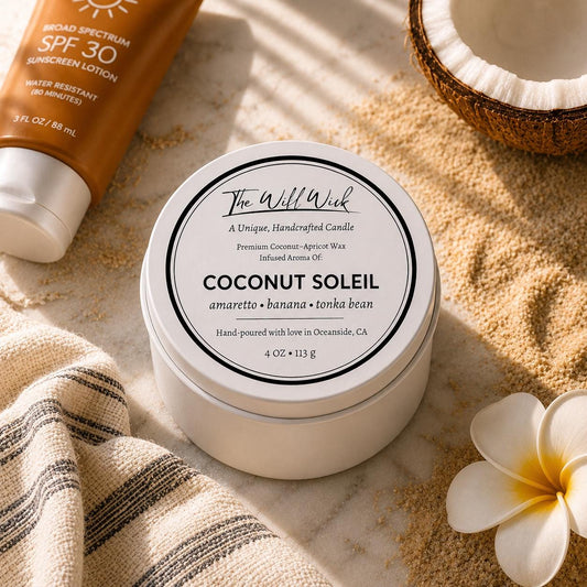 Coconut Soleil Luxury Candle | Coconut Apricot Wax | Coco Banana | Simple Clean white 4oz Tin |