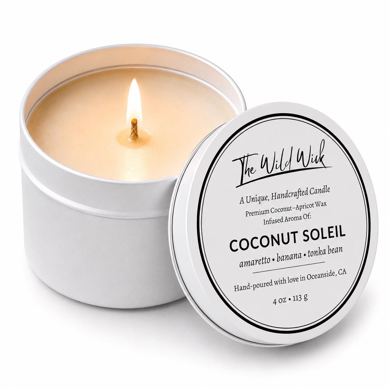 Coconut Soleil Luxury Candle | Coconut Apricot Wax | Coco Banana | Simple Clean white 4oz Tin |