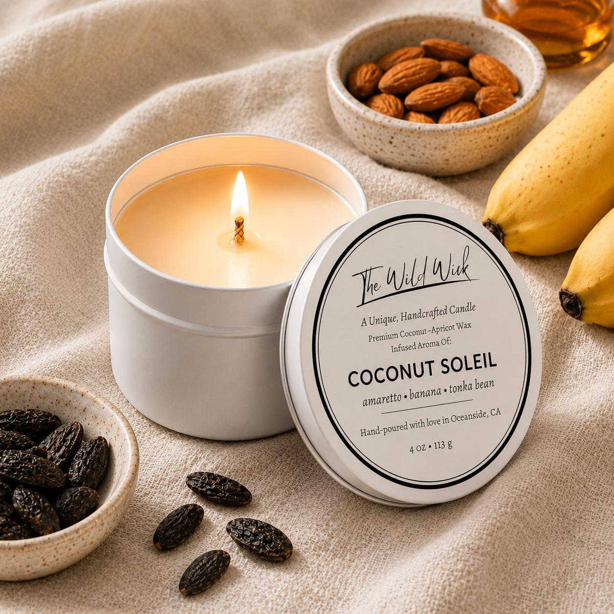 Coconut Soleil Luxury Candle | Coconut Apricot Wax | Coco Banana | Simple Clean white 4oz Tin |