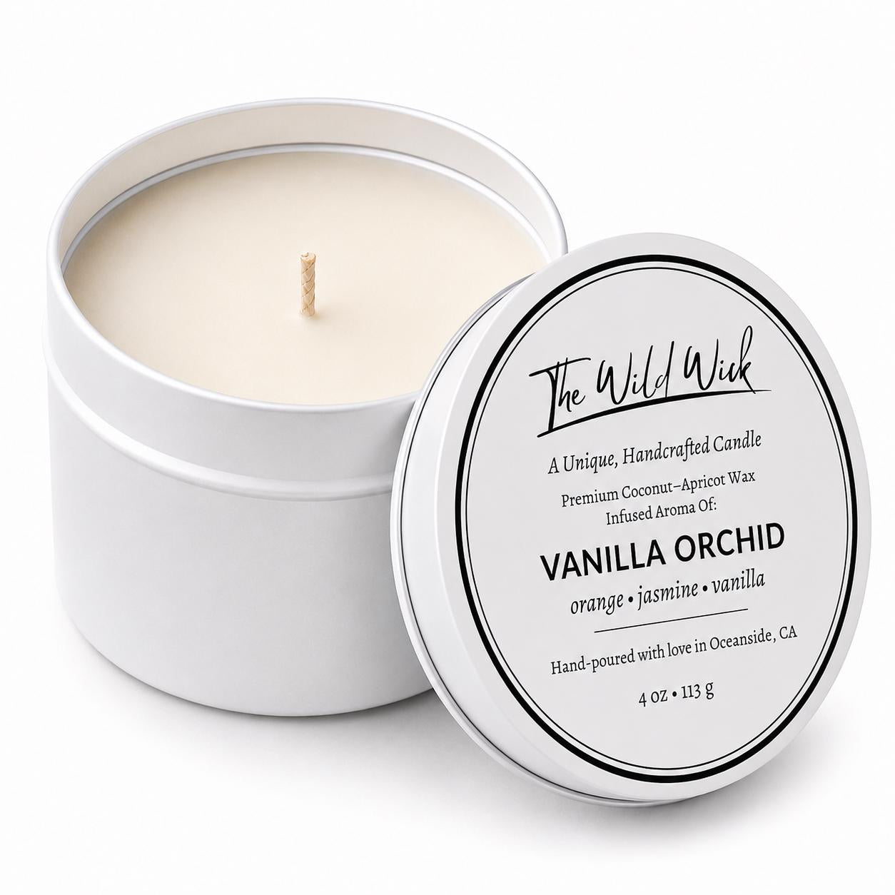 Vanilla Orchid Luxury Candle | Coconut Apricot Wax | Cool Coastal | Simple Clean white 4oz Tin |