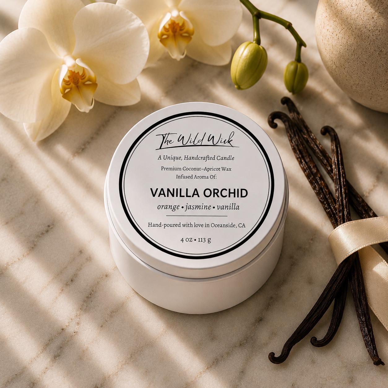 Vanilla Orchid Luxury Candle | Coconut Apricot Wax | Cool Coastal | Simple Clean white 4oz Tin |