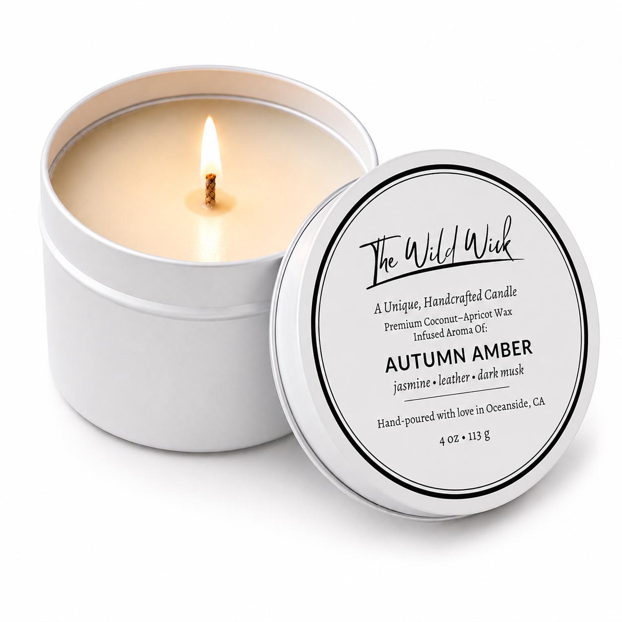 Autumn Amber Luxury Candle | Coconut Apricot Wax | Warm Amber | Simple Clean white 4oz Tin |
