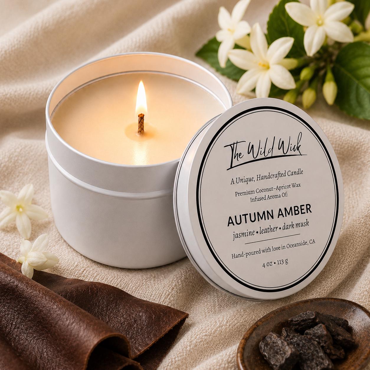 Autumn Amber Luxury Candle | Coconut Apricot Wax | Warm Amber | Simple Clean white 4oz Tin |