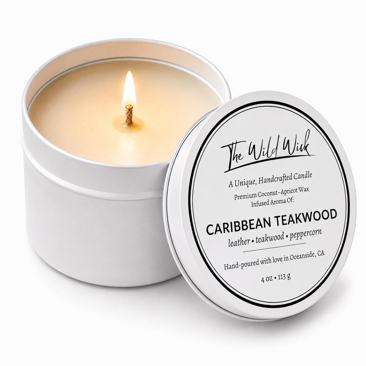 Caribbean Teakwood Luxury Candle | Coconut Apricot Wax | Masculine Coastal | Simple Clean white 4oz Tin |