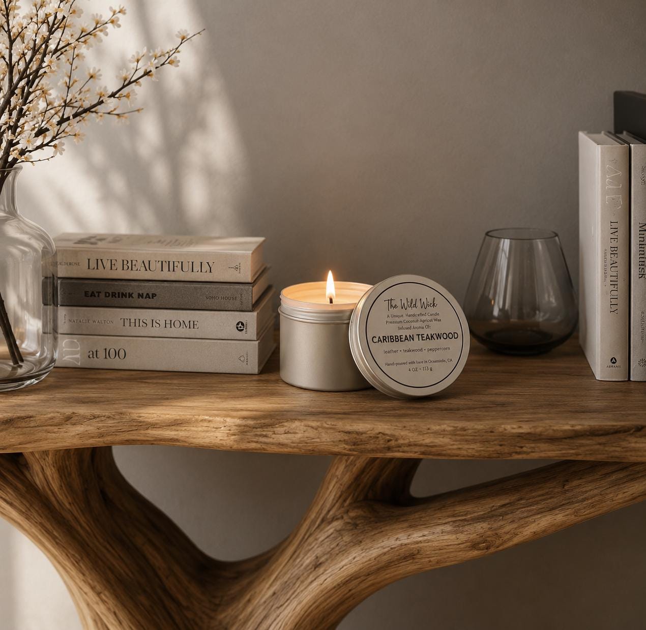Caribbean Teakwood Luxury Candle | Coconut Apricot Wax | Masculine Coastal | Simple Clean white 4oz Tin |