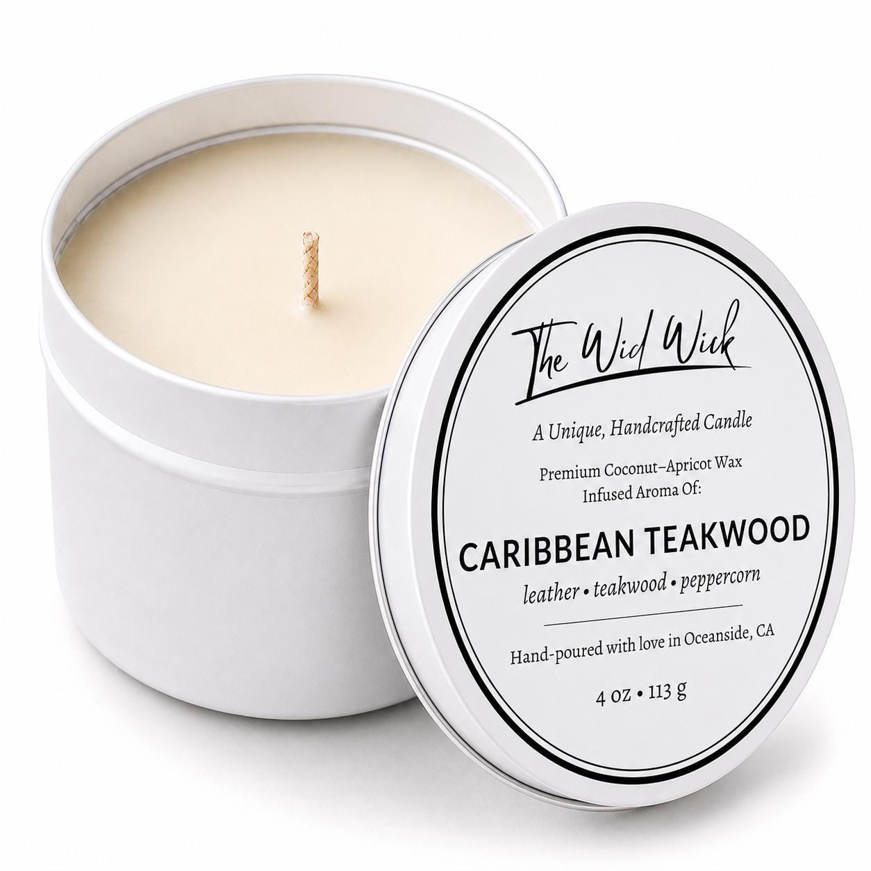 Caribbean Teakwood Luxury Candle | Coconut Apricot Wax | Masculine Coastal | Simple Clean white 4oz Tin |