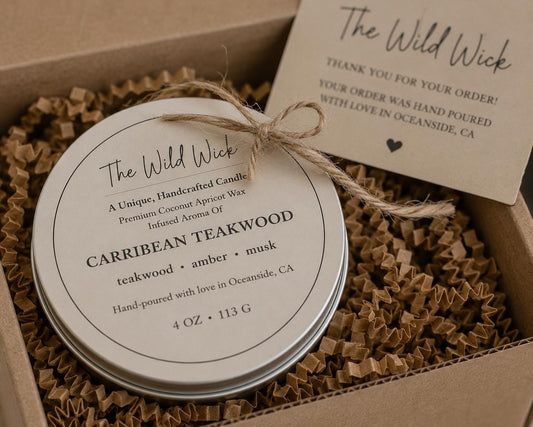 Caribbean Teakwood Luxury Candle | Coconut Apricot Wax | Masculine Coastal | Simple Clean white 4oz Tin |