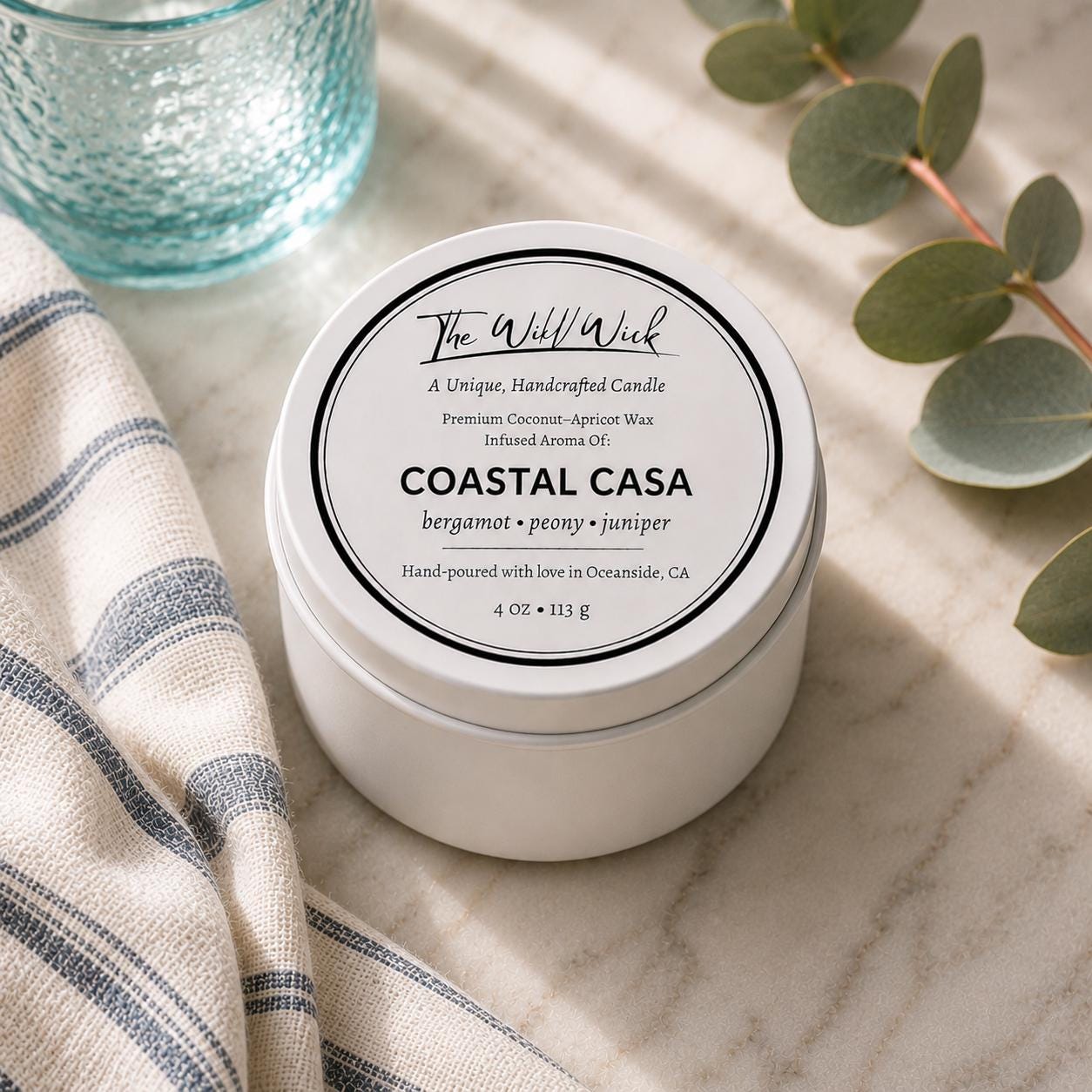 Coastal Casa Luxury Candle | Coconut Apricot Wax | Warm Coastal Moss | Simple Clean white 4oz Tin |
