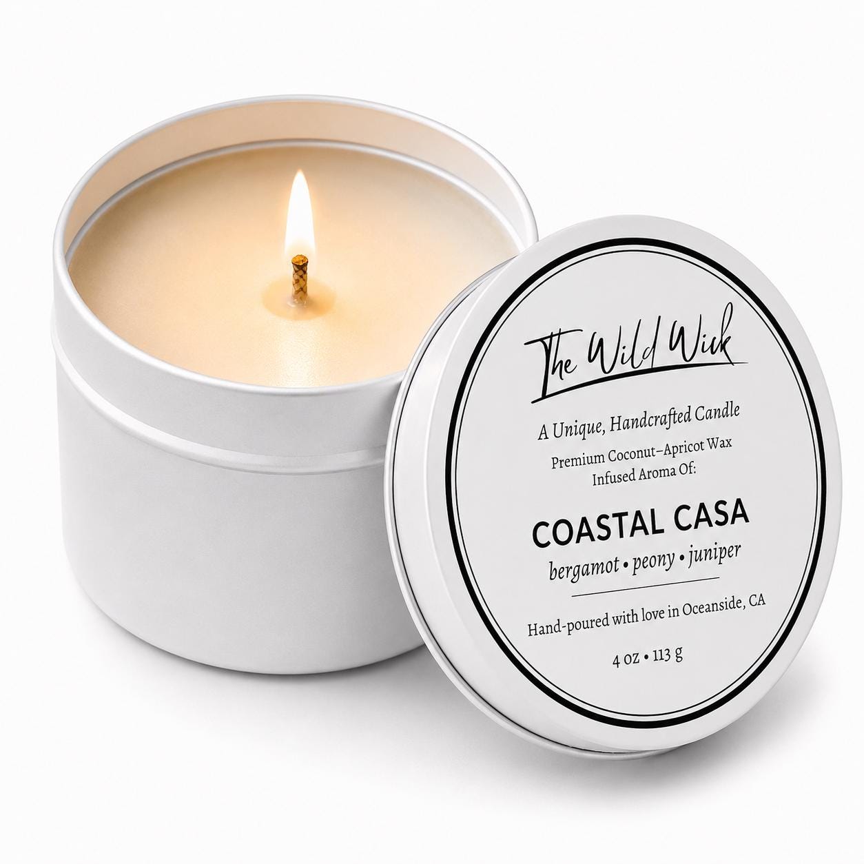 Coastal Casa Luxury Candle | Coconut Apricot Wax | Warm Coastal Moss | Simple Clean white 4oz Tin |