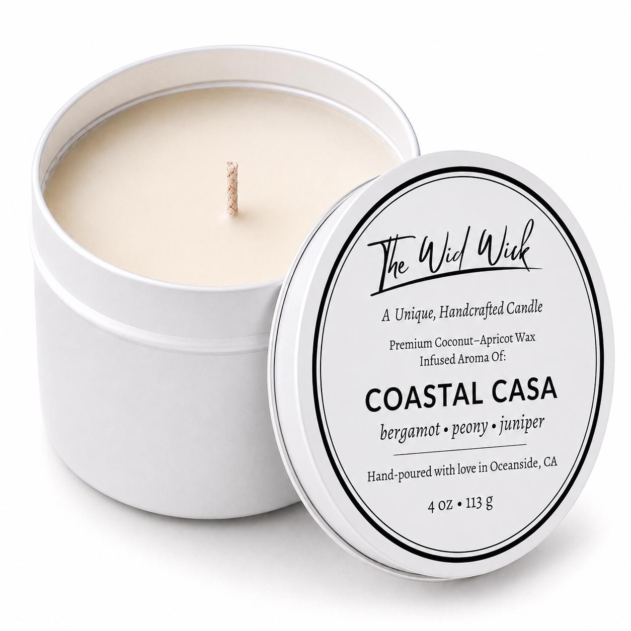 Coastal Casa Luxury Candle | Coconut Apricot Wax | Warm Coastal Moss | Simple Clean white 4oz Tin |