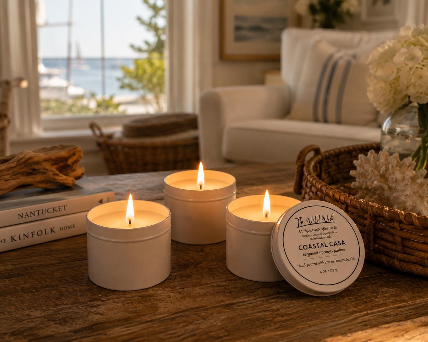 Coastal Casa Luxury Candle | Coconut Apricot Wax | Warm Coastal Moss | Simple Clean white 4oz Tin |