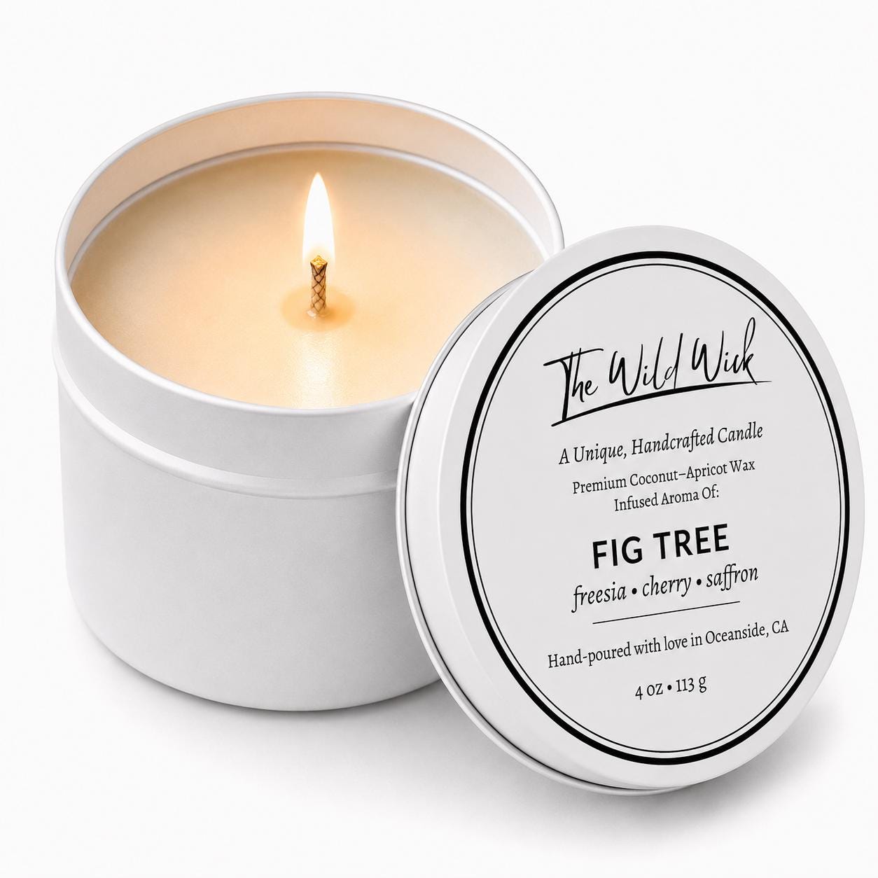 Fig Tree Luxury Candle | Coconut Apricot Wax | Masculine Fruit | Simple Clean white 4oz Tin |
