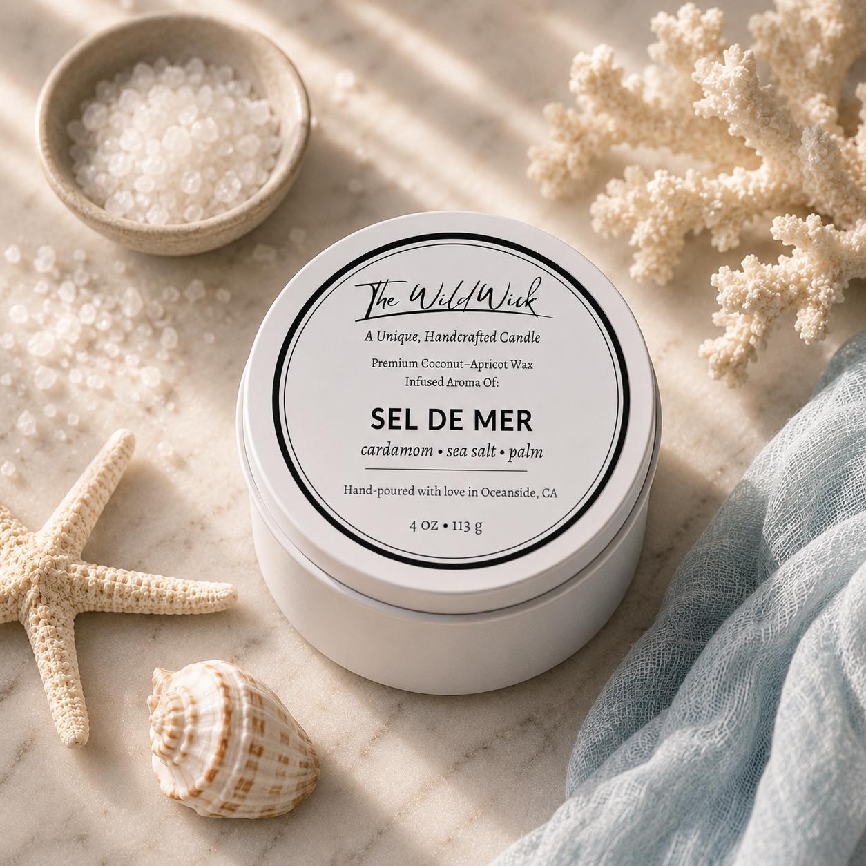 Sel De Mer Luxury Candle | Coconut Apricot Wax | Masculine Beach | Simple Clean white 4oz Tin |