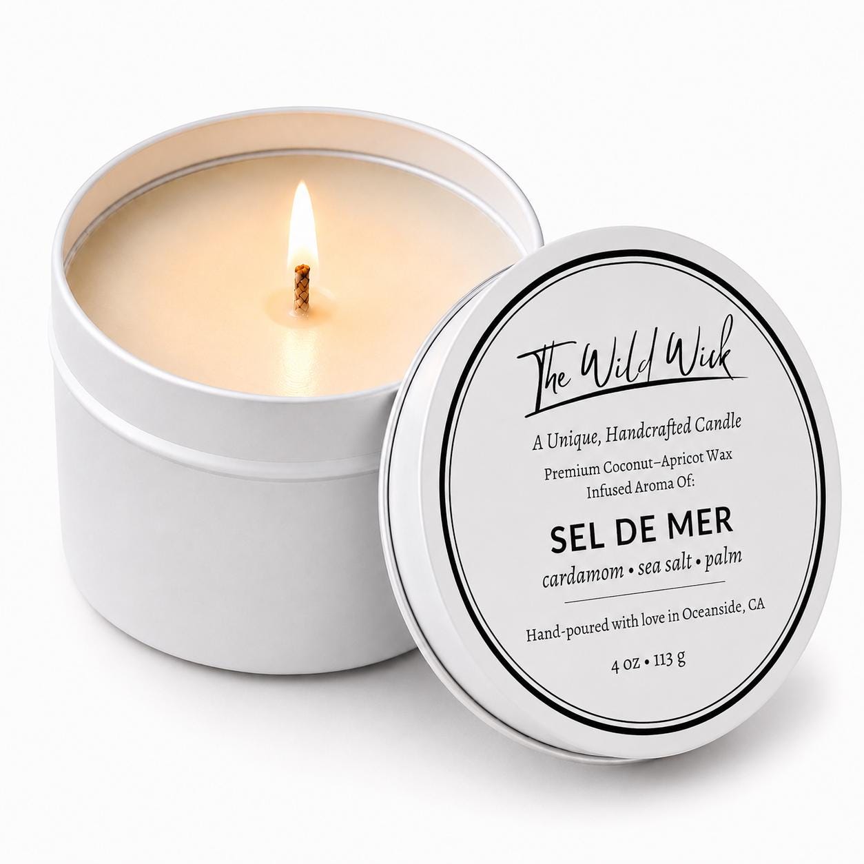 Sel De Mer Luxury Candle | Coconut Apricot Wax | Masculine Beach | Simple Clean white 4oz Tin |
