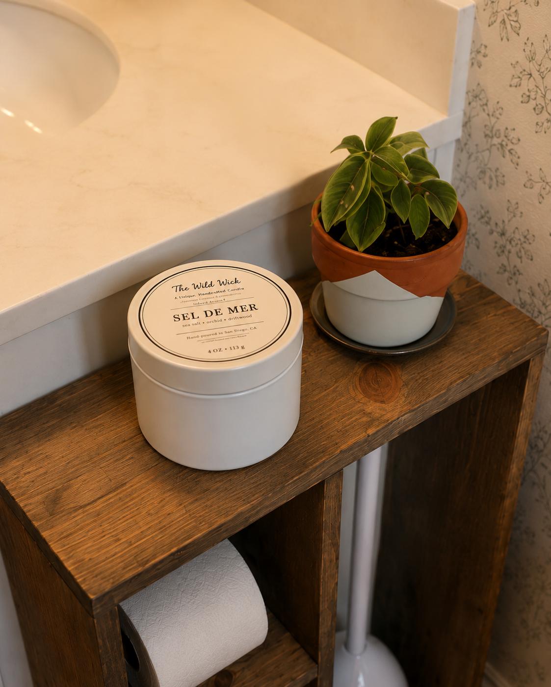 Sel De Mer Luxury Candle | Coconut Apricot Wax | Masculine Beach | Simple Clean white 4oz Tin |