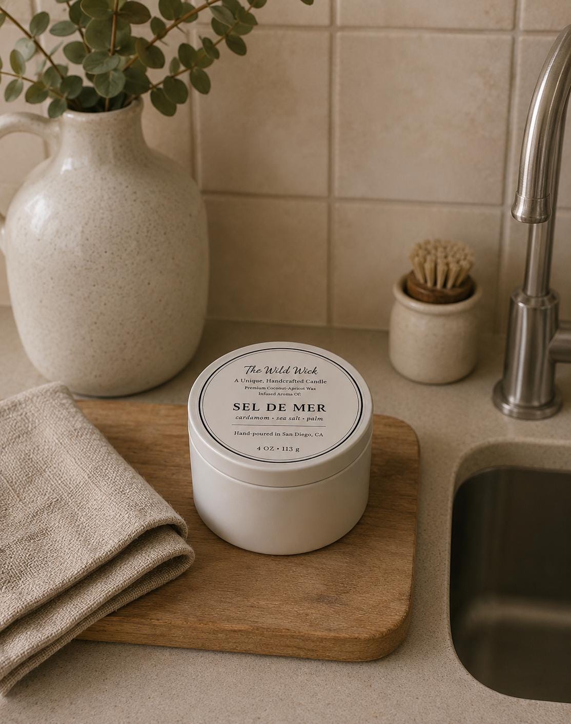 Sel De Mer Luxury Candle | Coconut Apricot Wax | Masculine Beach | Simple Clean white 4oz Tin |