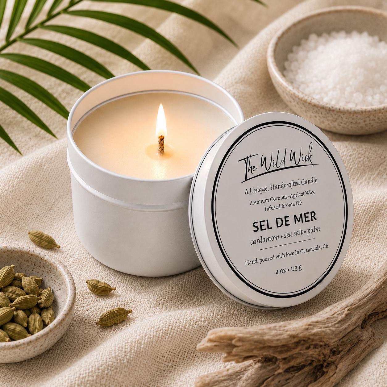 Sel De Mer Luxury Candle | Coconut Apricot Wax | Masculine Beach | Simple Clean white 4oz Tin |