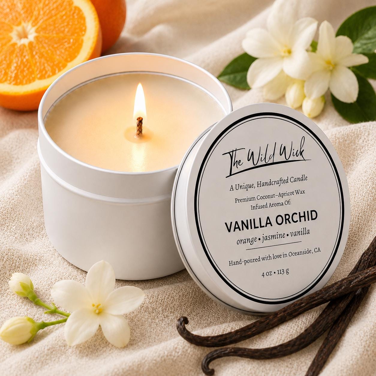 Vanilla Orchid Luxury Candle | Coconut Apricot Wax | Cool Coastal | Simple Clean white 4oz Tin |