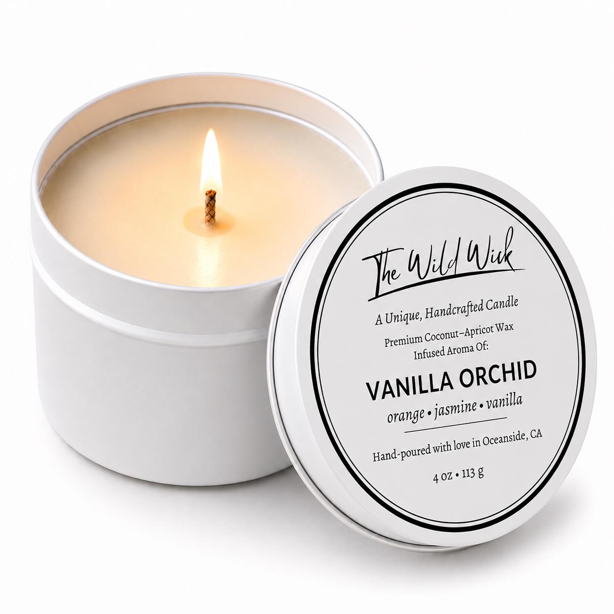 Vanilla Orchid Luxury Candle | Coconut Apricot Wax | Cool Coastal | Simple Clean white 4oz Tin |