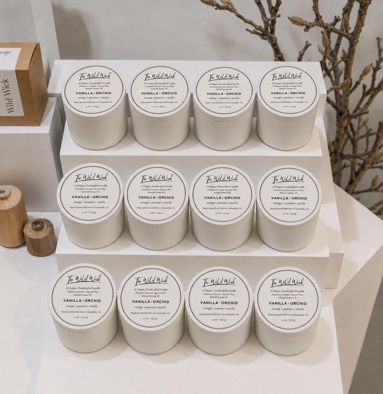 Vanilla Orchid Luxury Candle | Coconut Apricot Wax | Cool Coastal | Simple Clean white 4oz Tin |